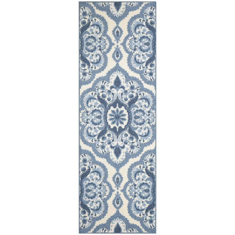 Maples Rugs Vivian Medallion Runner Rug - Made in USA - Washable, Non Slip, Indoor Carpet for Hallway, Kitchen, and Laundry Room, 2' x 6', Blue/White - Image 1